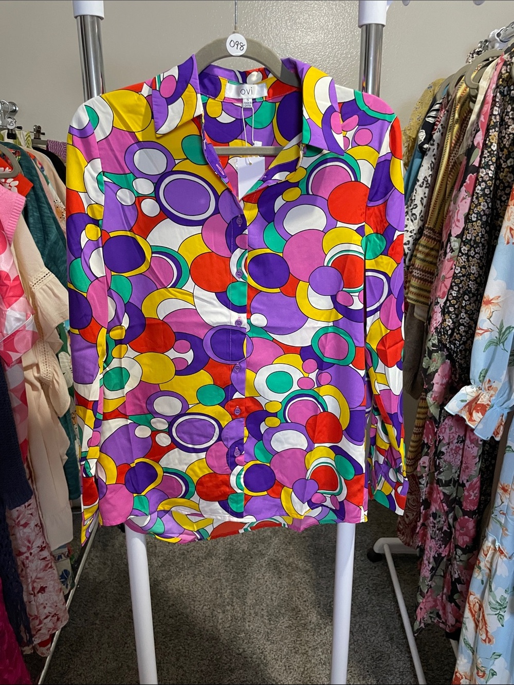 Ovi Multicolor Retro Circle Print Blouse - Purple, Red, Yellow, Green, White
